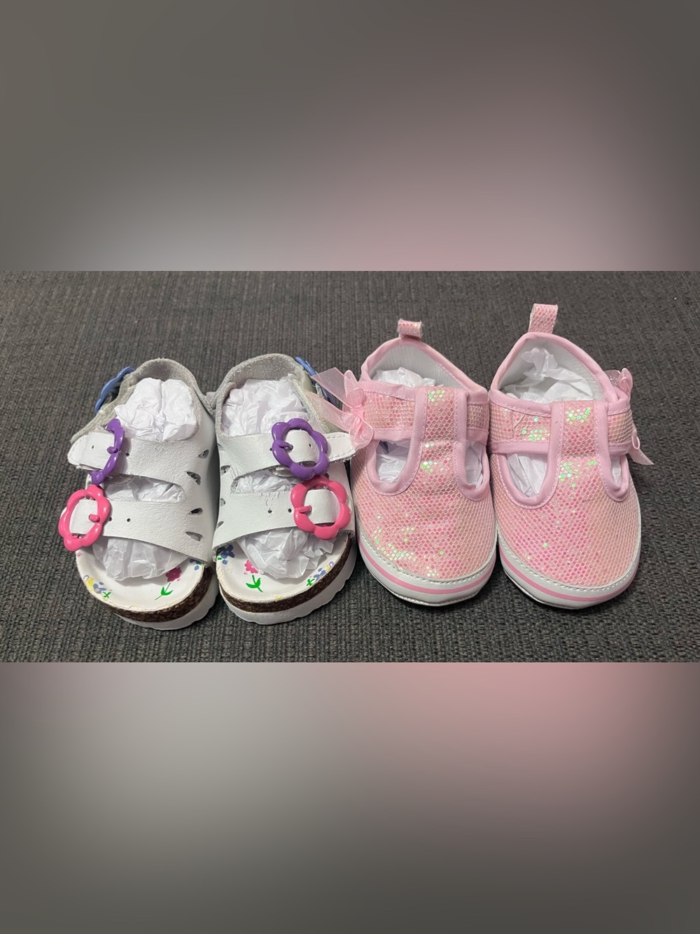 Set of 2 Baby Shoes Size 3 Pink Sparkle and White Floral Platform Sandals